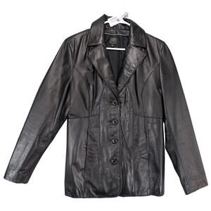 Wilson's Women's M Button Front Black Leather Jacket, Blazer Style, Streetwear